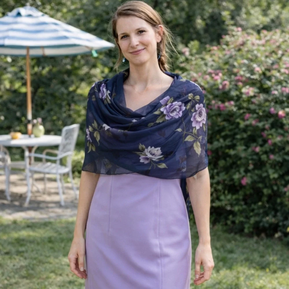 Blue Floral Chiffon Scarf